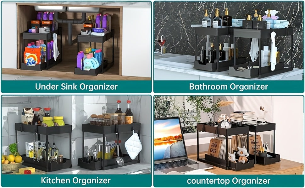 Pull-Out Under Sink Organizer 2-Pack with Hooks – Space-Saving Cabinet Storage Basket for Bathroom & Kitchen, Bottom Shelf Organizer, Black