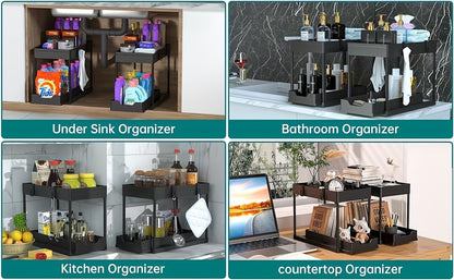 Pull-Out Under Sink Organizer 2-Pack with Hooks – Space-Saving Cabinet Storage Basket for Bathroom & Kitchen, Bottom Shelf Organizer, Black