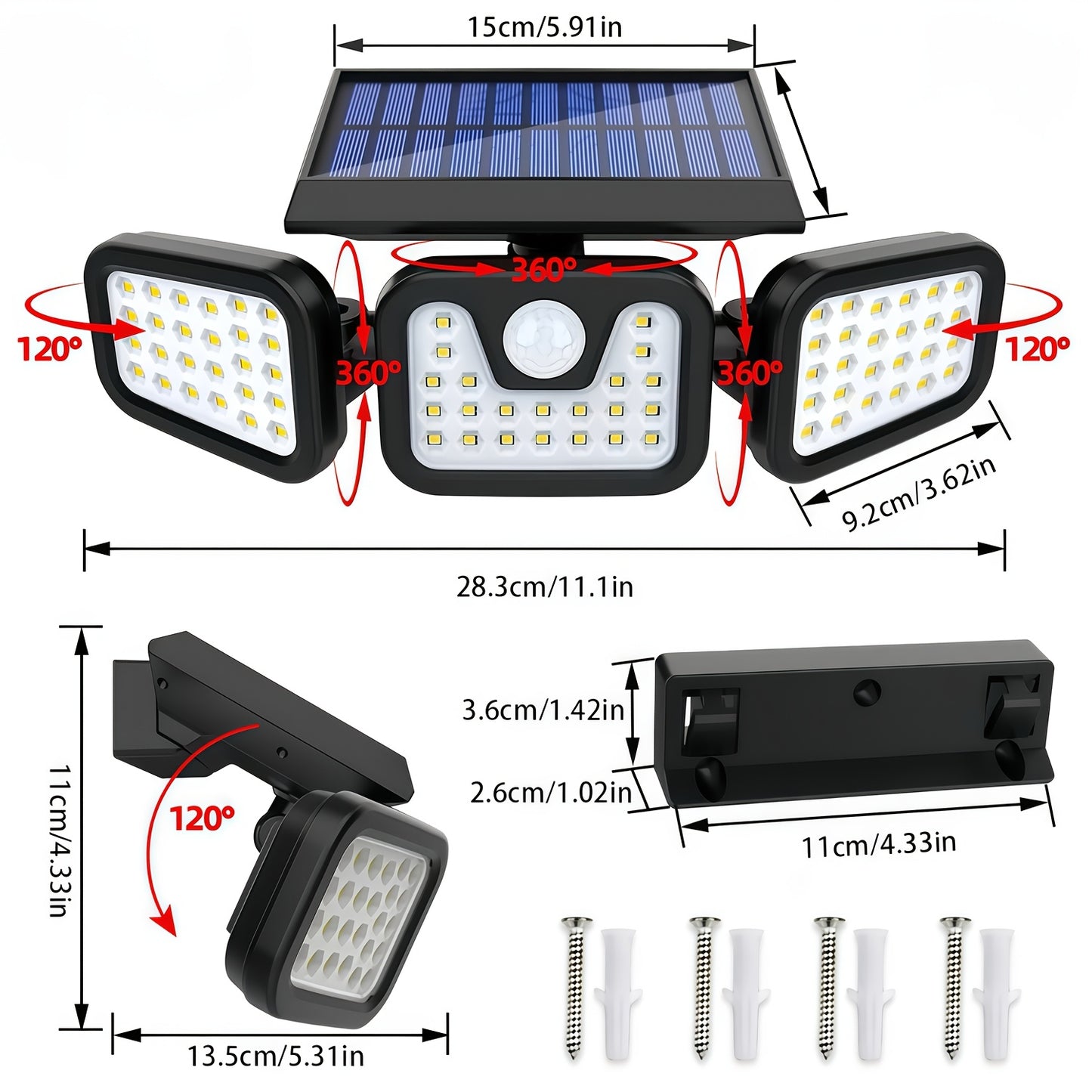 Solar Outdoor Triple-Head Motion Sensor Wall Light – 74 LED 270° Wide-Angle IP65 Waterproof Solar Fence Light for Garden, Courtyard, Garage, Porch & Street, 3 Modes