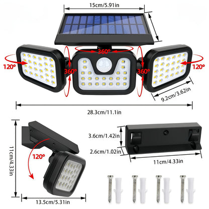 Solar Outdoor Triple-Head Motion Sensor Wall Light – 74 LED 270° Wide-Angle IP65 Waterproof Solar Fence Light for Garden, Courtyard, Garage, Porch & Street, 3 Modes
