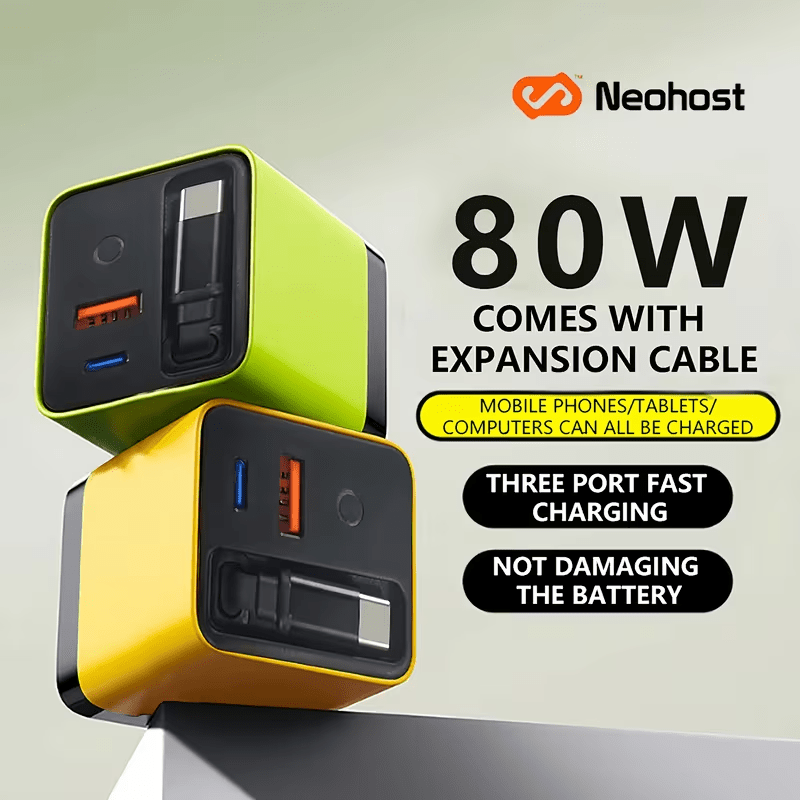 Latest Gan Technology: 80W 3-Port Quick Charger with Retractable Cable - Extremely Compact - Cool to The Touch - PD/QC 3.0 Compatible with Iphone 17/16/15/14/13/12/11, And Ipad