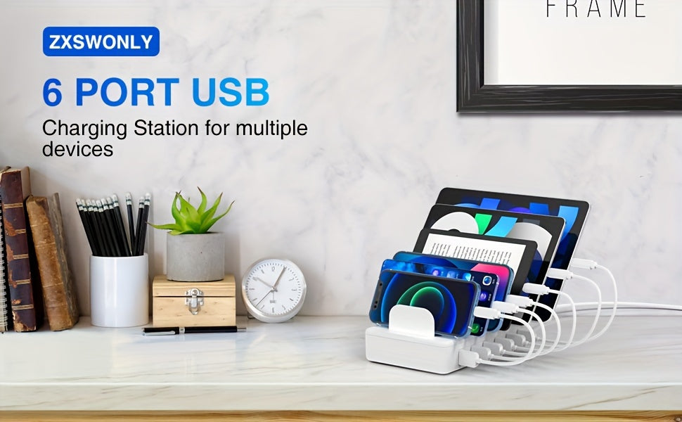 50W 6-Port USB Charging Station with Organizer & 6 Cables, 2.4A Smart Chip, Flame-Retardant ABS, Charges Phone, Tablet, Kindle & Electronics – Gift Box Included