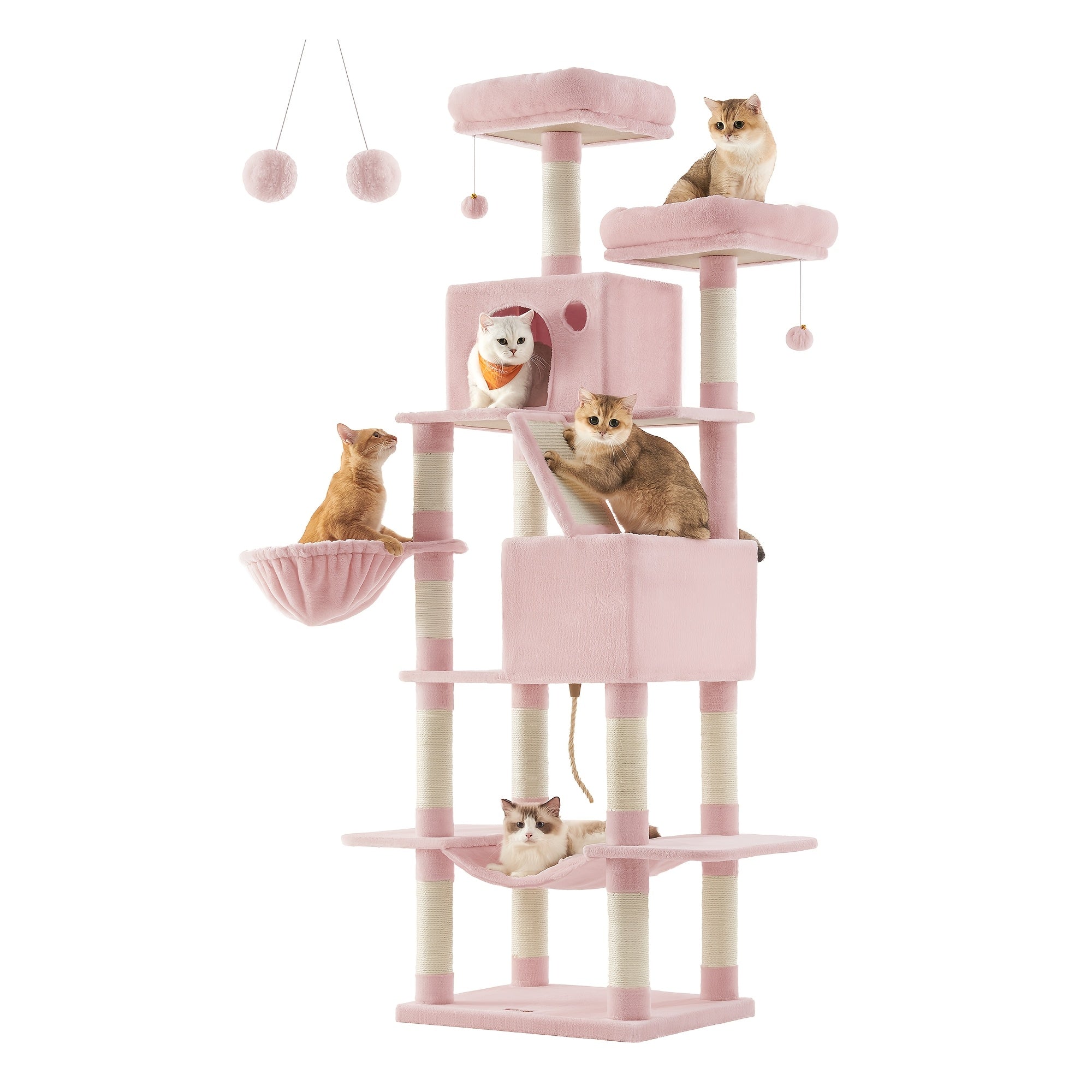 Cat Tree 81.1" 5-Level Plush Cat Condo – 13 Scratching Posts, 3 Caves, Hammock, Basket & Pompoms for Multi-Cat Indoor Households