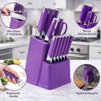 13-Piece Kitchen Knife Set with Block & Holder – 6 Steak Knives, Chef Knife, Bread Knife & Scissors Included – Sharp Stainless Steel Blades – Housewarming Gift for Home Cooks