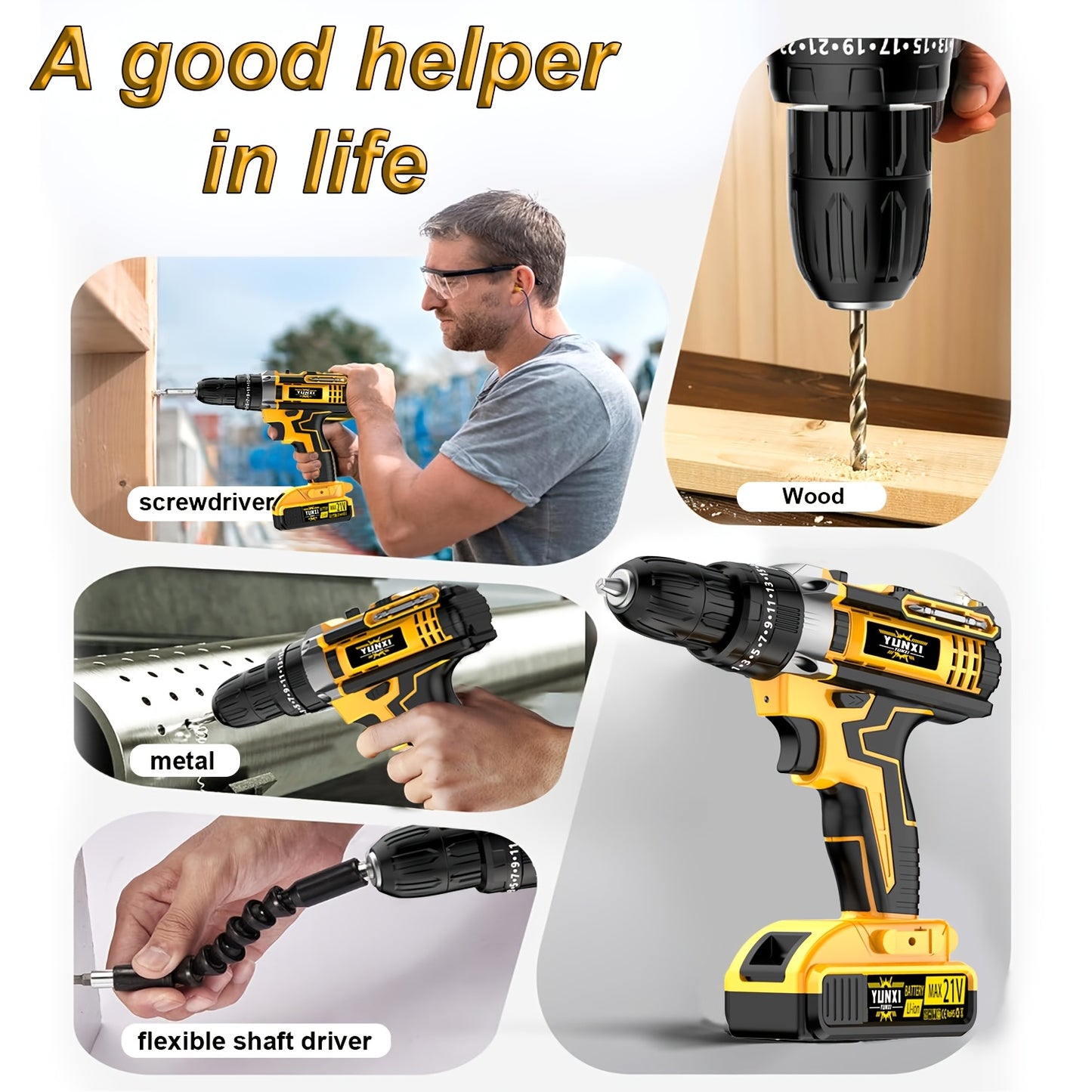 Cordless Impact Drill 21V Combo Kit with Battery & Fast Charger – Multifunctional Power Tool Set with Drill Bits & Toolbox for Home Renovation, Gardening & Outdoor Maintenance