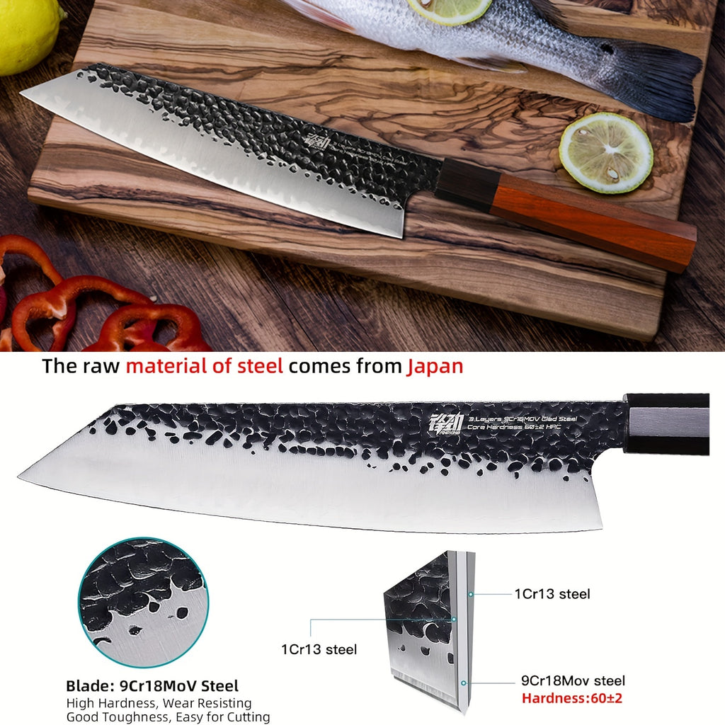 1pc 9-Inch Kiritsuke Chef Knife, Japanese Hand-Forged Professional Sharp Kitchen Knife, 9Cr18MoV Triple-Layered Steel Meat Vegetable Sushi Knife for Cutting Meat, Vegetables, Fruits, Seafood, and Sushi, Ergonomic Solid Wood Handle with Gift Box