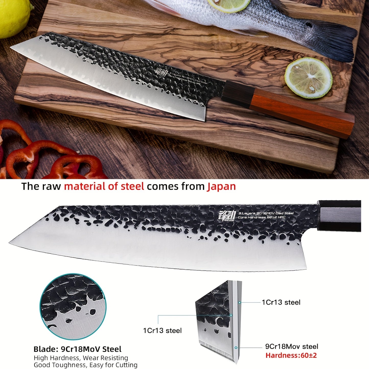 9-Inch Kiritsuke Chef Knife Japanese Hand-Forged, 9Cr18MoV Triple-Layered Steel Professional Kitchen Knife, Ergonomic Solid Wood Handle, Cuts Meat Vegetables Sushi Seafood, Comes with Gift Box