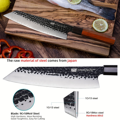 9-Inch Kiritsuke Chef Knife Japanese Hand-Forged, 9Cr18MoV Triple-Layered Steel Professional Kitchen Knife, Ergonomic Solid Wood Handle, Cuts Meat Vegetables Sushi Seafood, Comes with Gift Box