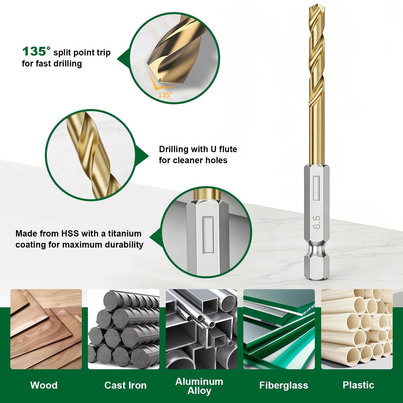 19pcs Coated Drill Bit Set, 1/16"-1/4" Sizes, Hex Shank with 135° Point Design, Quick Change, Sharp And Durable, Suitable for Wood, Metal, Plastic, And