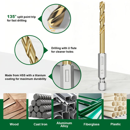 Drill Bit Set 19-Piece Coated Hex Shank with 135° Point – Quick Change 1/16"-1/4" Sizes, Sharp & Durable Bits for Wood, Metal & Plastic, DIY & Professional Use Canada