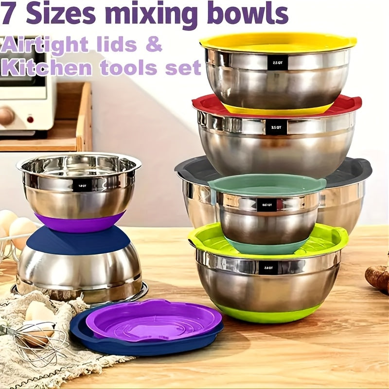 [Stainless Steel Mixing Bowls] 21pcs Stainless Steel Mixing Bowls With Airtight Lids - Non-Slip Colorful Bottom -1.32gal, 1.19gal, 1.06gal, 81.15oz, 57.48oz, 42.27oz, 27.05oz Sizes - Great For Mixing, Baking, Serving