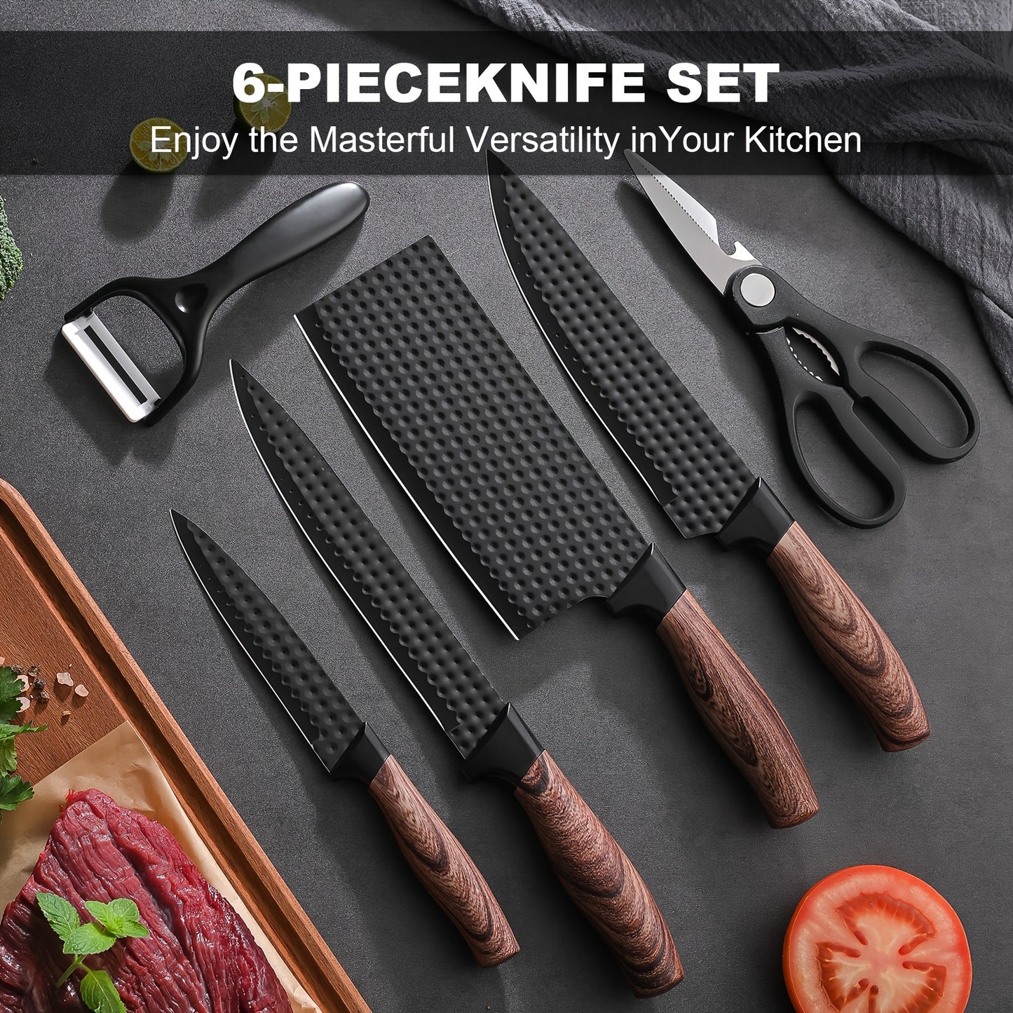 BieZumn 7-Piece High-Performance Kitchen Knife Set – Forged Chef, Bone Cleaver, Fish, Butcher Knives & Ultra-Sharp Kitchen Scissors for Home Cooking & Restaurants