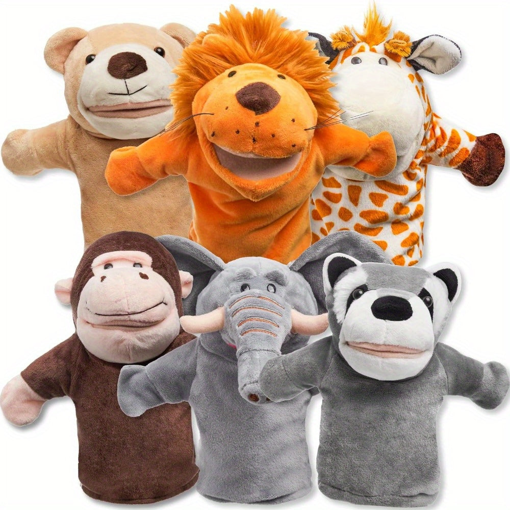 6pcs Kids Animal Hand Puppet Set with Working Mouths - Elephant, Giraffe, Lion, Bear, Raccoon & Monkey Plush Puppets for Puppet Show Theater, Birthday Gift for Toddlers