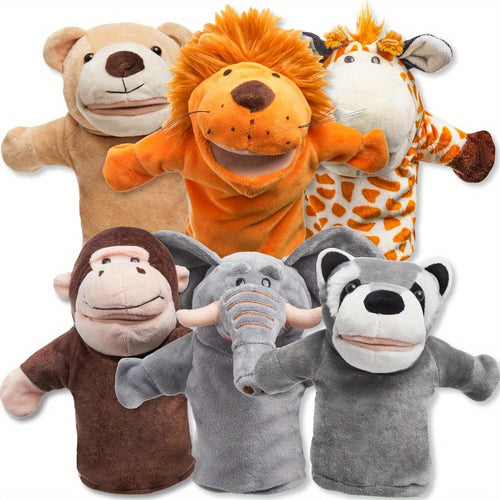 6pcs Kids Animal Hand Puppet Set with Working Mouths - Elephant, Giraffe, Lion, Bear, Raccoon & Monkey Plush Puppets for Puppet Show Theater, Birthday Gift for Toddlers