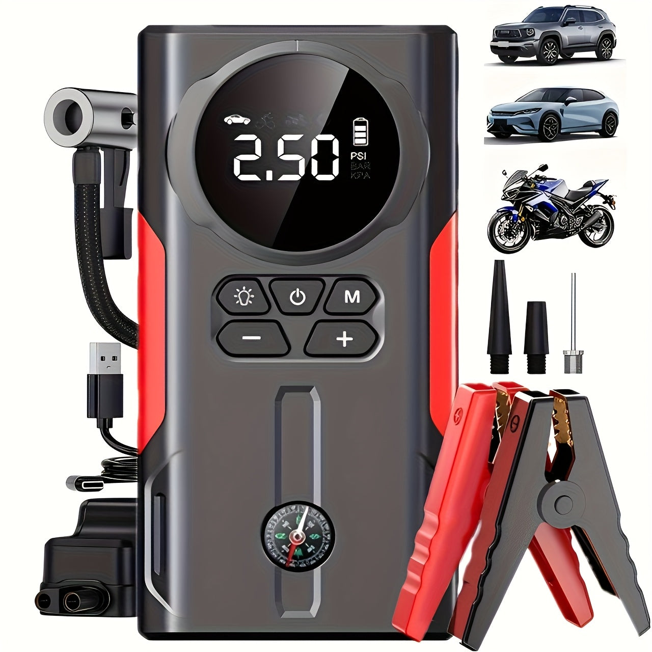 10000mAh Portable Car Jump Starter, 12V Vehicle Emergency Power Supply, Quickly Starts Your Vehicle, High-Capacity Fast Charging, LED Emergency Light. Powerful Power Source Emergency Lighting Tool, Car Emergency Jump Starter