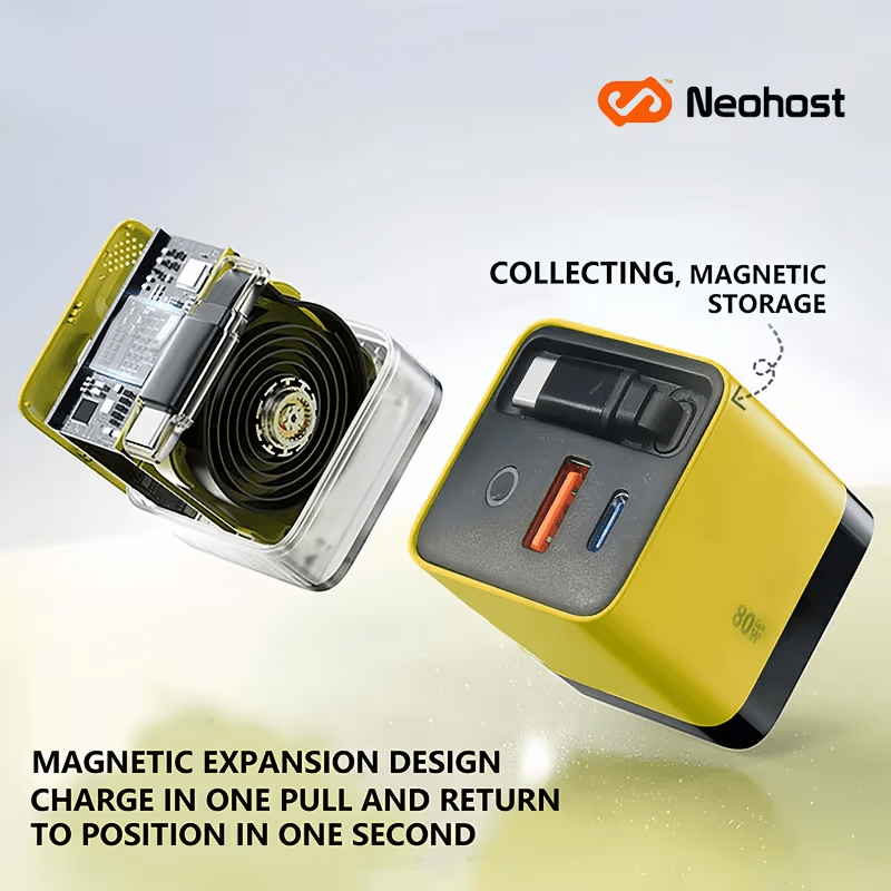 Latest Gan Technology: 80W 3-Port Quick Charger with Retractable Cable - Extremely Compact - Cool to The Touch - PD/QC 3.0 Compatible with Iphone 17/16/15/14/13/12/11, And Ipad