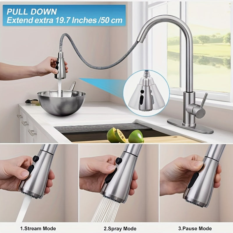 Single Handle High Arc Brushed Nickel/Chrome Pull Out Kitchen Faucet, Stainless Steel Kitchen Sink Faucet with Pull Down Sprinkler Kitchen Faucet for Farmhouse Camper Laundry Rv Bar