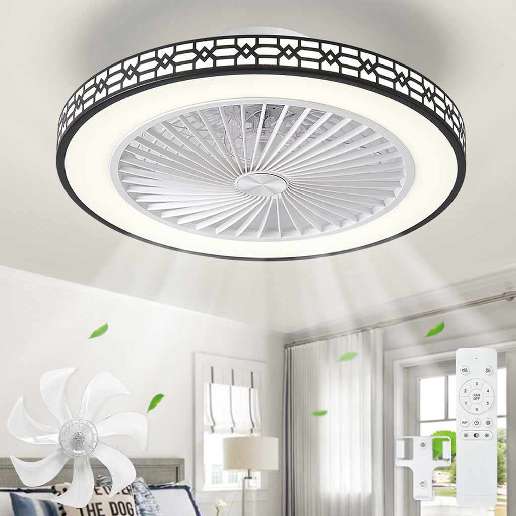 Modern Ceiling Fans With Lights, 20" Low Profile Flush Mount Ceiling Fan With Lights, LED Dimmable Timming Enclosed Fan Light, 6 Wind Speeds Ceiling Fan With Remote For Bedroom, Living Room, Kitchen, Office