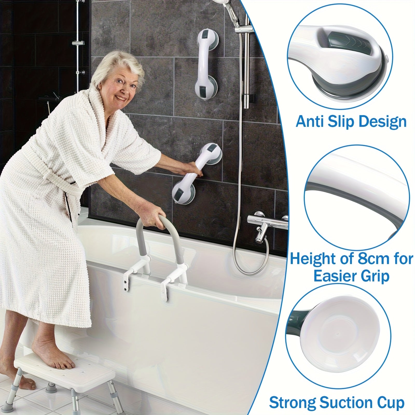 2pcs Bathroom Safety Grab Bar Set, Non-Slip Handle, Durable Plastic Construction, Sturdy And Stable, Strong Suction Cup Design, Bathroom Accessory, Ideal for Seniors, Individuals with Disabilities, Glass, Tile, And Marble Surfaces