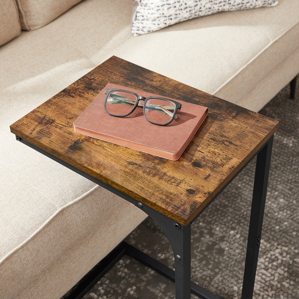 C-Shaped End Table, Sofa Table With Metal Frame For Living Room, Bedroom, Small Side Table For Couch, Bedside, Rustic Brown And Black