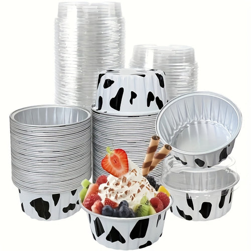 100-Pack Aluminum Foil Baking Cups with Lids 50 Boxes + 50 Lids Heat-Resistant Cupcake Molds for Weddings Birthday Parties Desserts Pudding Cream Cake