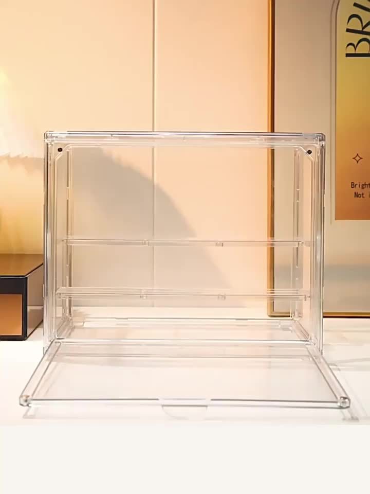 Transparent Acrylic Display Case with Magnetic Door & 2 Removable Dividers - Dustproof Stackable Showcase for Figures, Collectibles, Handbags & Cosmetics