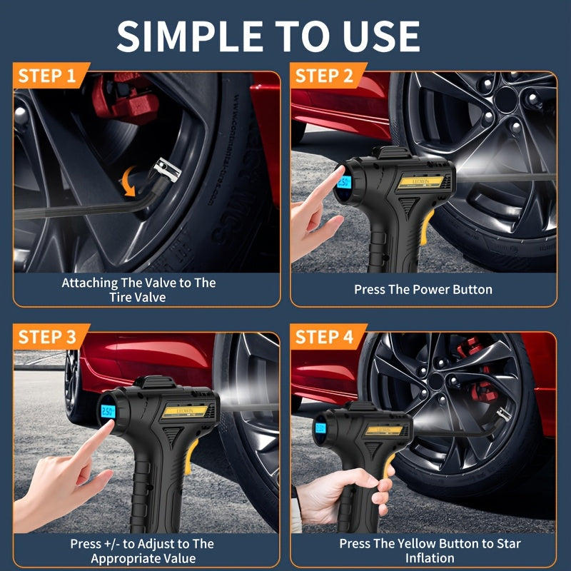 Tire Inflator Portable Air Compressor with Auto-Shutoff, Handheld Air Pump, 150 PSI Cordless Car Tires Pump with Digital Pressure Gauge/Led Light for Cars, Motorcycles, Bikes, Ball - Compact, Rechargeable, And Easy-To-Use Design, Car Additions