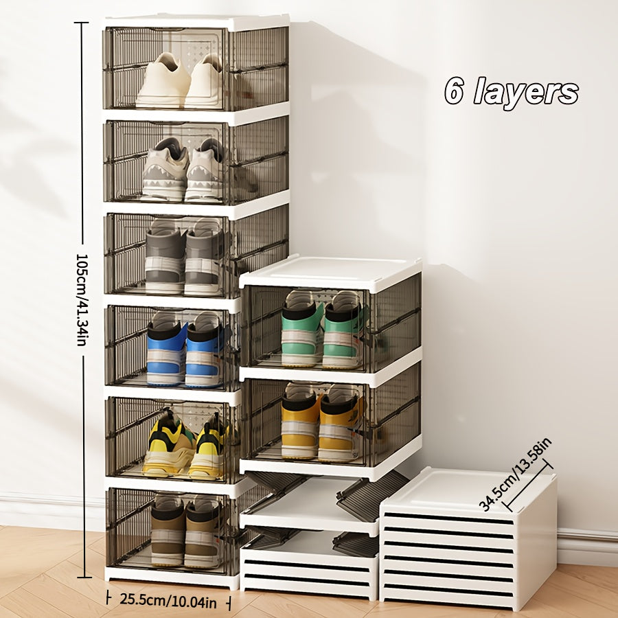 Transparent Stackable Shoe Box Organizer 6-Layer Foldable – Thickened Dustproof Clear Sneaker Storage Cabinet for High-Top Shoes, Shoe Rack Shelf for Closet