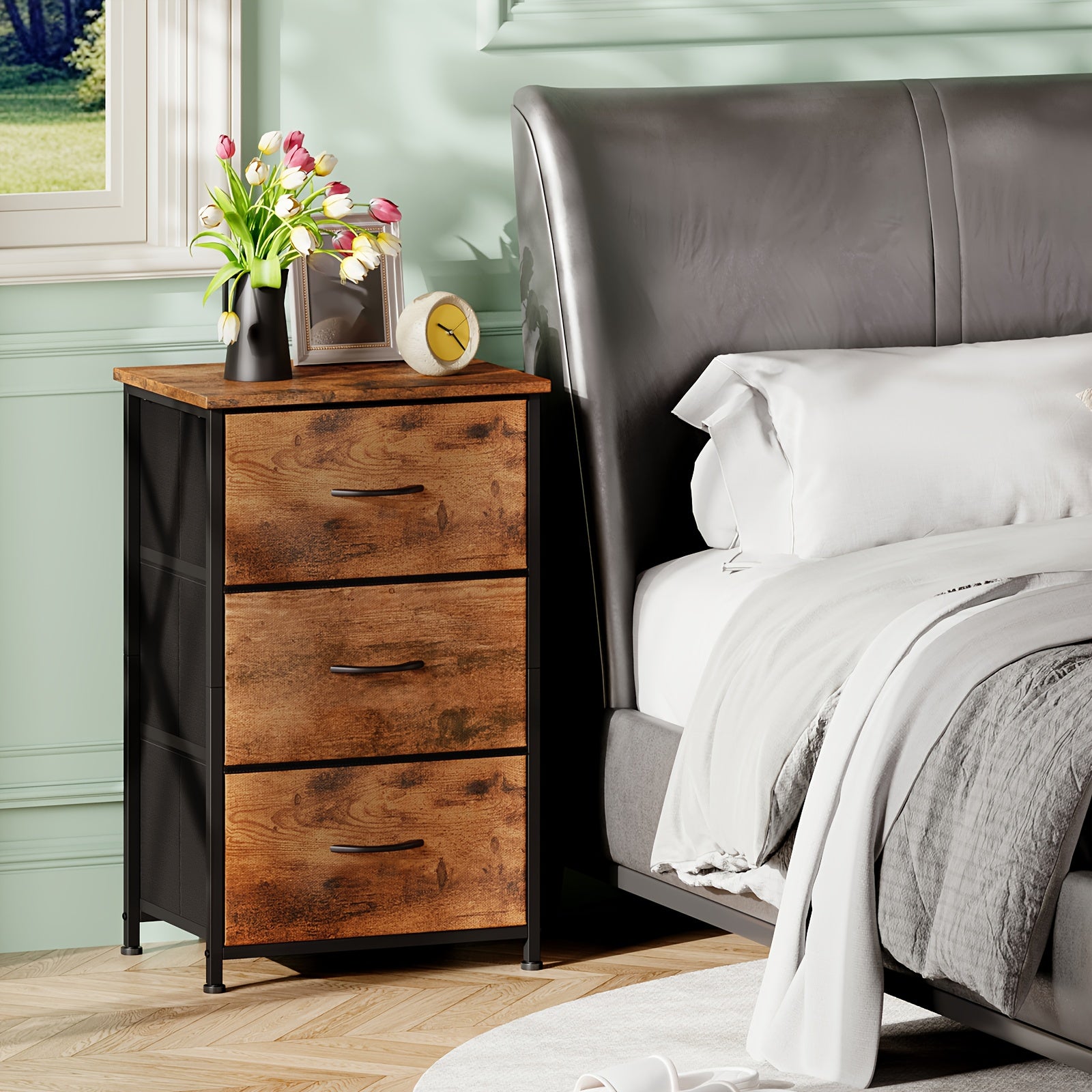 EUNOS Nightstand, 3 Drawer Dresser for Bedroom, Bedside Table Night Stand End Table with Fabric Bins for Bedroom Closet Dorm, Storage Drawer Units