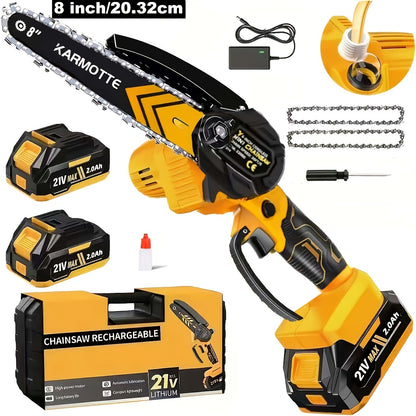 Mini Chainsaw 6" & 8" Brushless Cordless – 700W Auto Oiler, 21V 2000mAh Battery, Toolless Adjustment, Lightweight for Tree Trimming, Wood Cutting, Camping & Garden Use