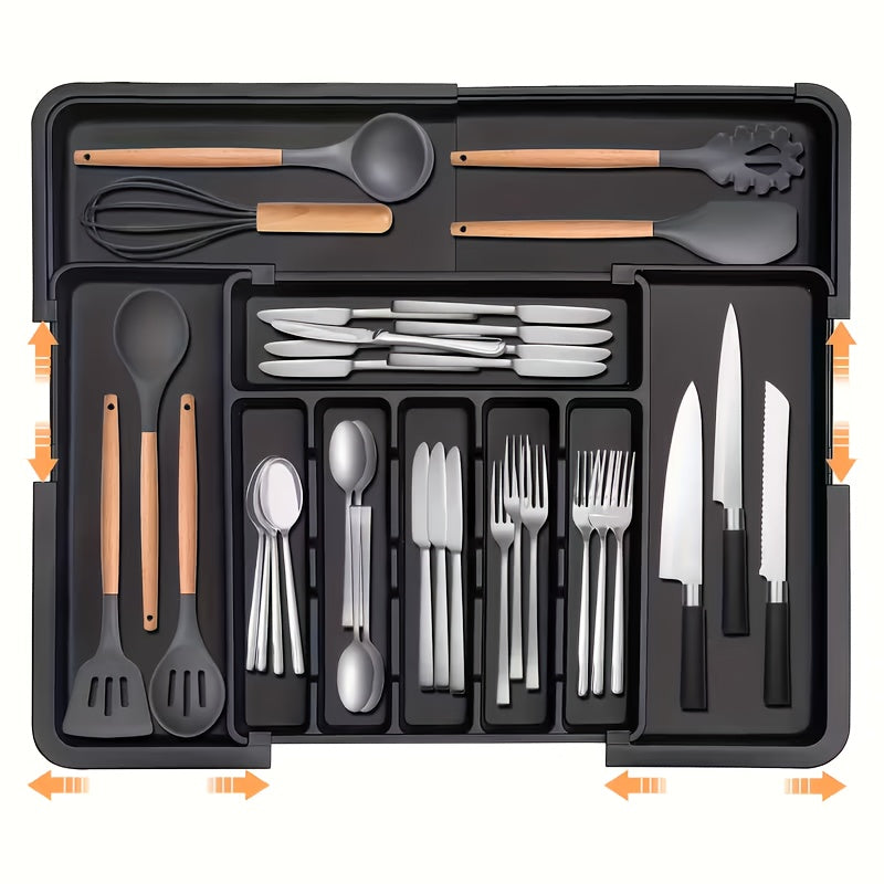 9-Compartment Heavy-Duty Plastic Drawer Organizer with Adjustable Cutlery Storage - Retractable Knife Holder, Fork & Spoon Compartments