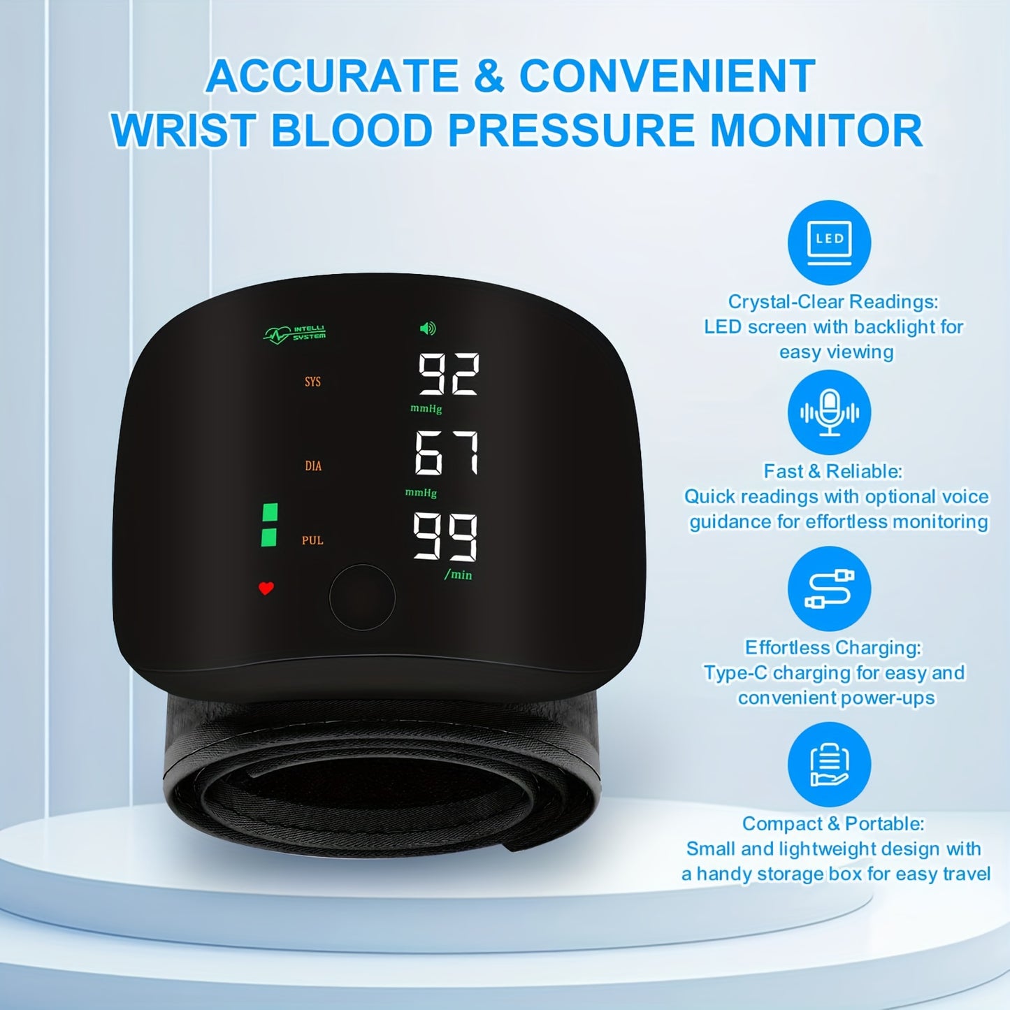 Wrist Blood Pressure Monitor Rechargeable, Digital BP Machine with Large Display Voice Broadcast & Carrying Case, Accurate Home Blood Pressure Monitor for Adults Seniors – Easy One-Button Operation