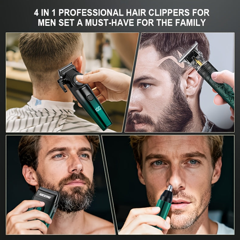 WEEME 4in 1 Hair Clippers for Men Set Professional, Cordless Men Hair Trimmer + Electric Shavers, Barber Kit for Nose, Body & Bald Head Grooming, LED Display, Precision Cutting, USB Rechargeable, Home & Barber Use