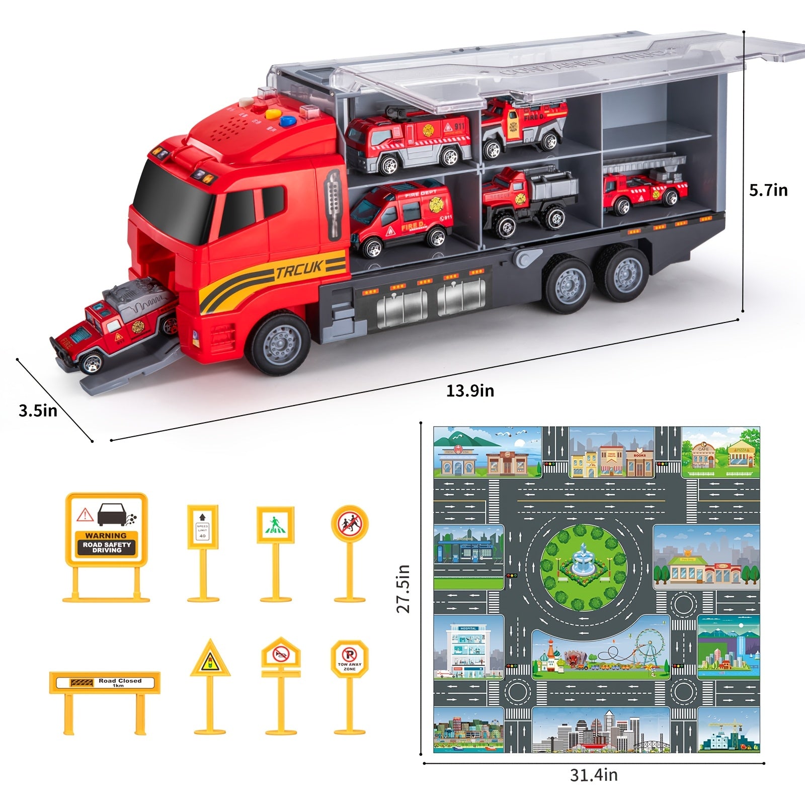 Construction Truck Toy Set with Play Mat for Kids - Die-Cast Metal Carrier & Fire Truck Vehicles, Birthday & Christmas Gift for Boys & Girls