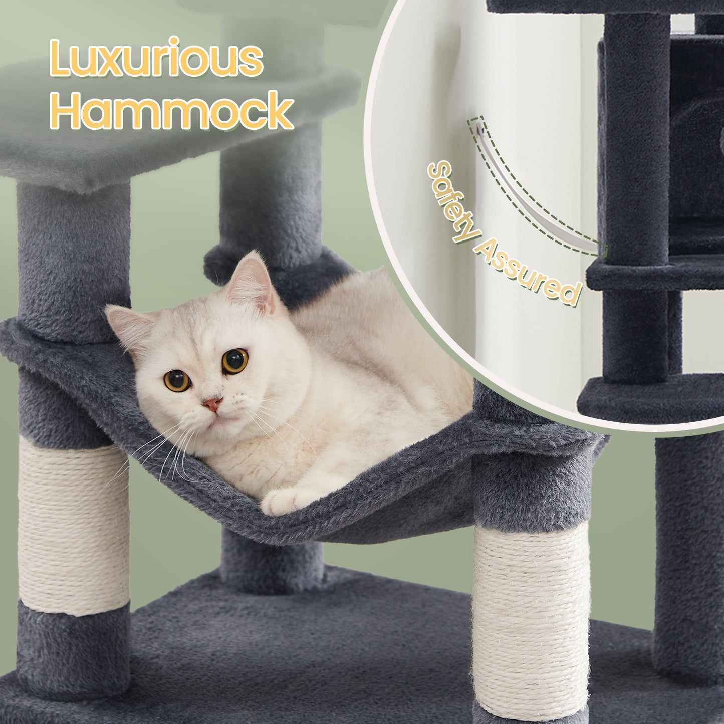 Cat Tree 44-Inch Multi-Level Cat Tower for Indoor Cats – Cat Condo with Scratching Posts, Perches, Hammock & Cave, Plush Smoky Gray, Fits Up to 4 Cats