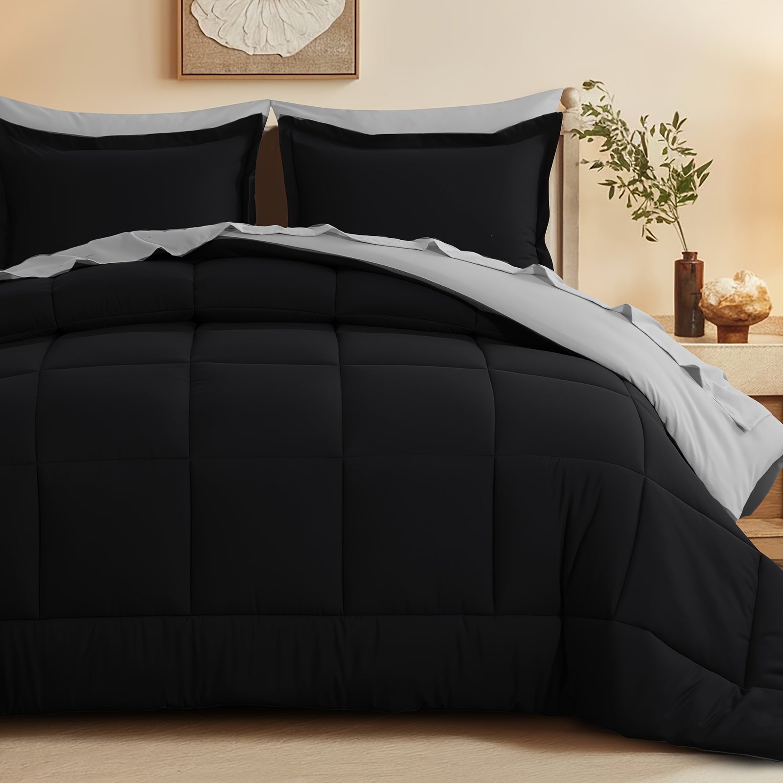 7pcs Reversible Bedding Set Soft Microfiber – Lightweight Breathable Comforter Flat Sheet Fitted Sheet & Pillowcases, All-Season Family Bedding Gift Set