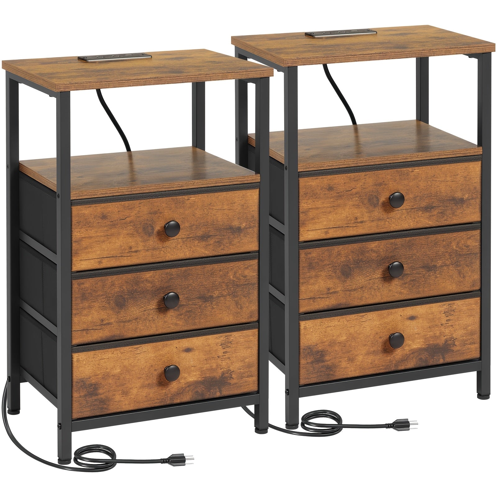 AMHANCIBLE Nightstand with Charging Station & 3 Fabric Drawers - Modern Bedside Table Set of 1 or 2, Spring Design, Bedroom & Living Room End Table Storage