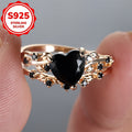 A Set of Two Rings Made of S925 Silver, Featuring a Vintage Heart Design with Black Synthetic Zirconia And Rose Golden Plating, Perfect for Everyday Use During Romantic Holiday Celebrations, Offering a Shiny And Long-Lasting Accessory