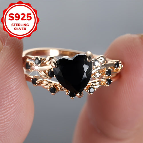 S925 Silver Vintage Heart Ring Set of 2 - Rose Gold Plated with Black Synthetic Zirconia, Romantic Stackable Rings for Women, Long-Lasting Shiny Jewelry for Daily Wear & Special Occasions