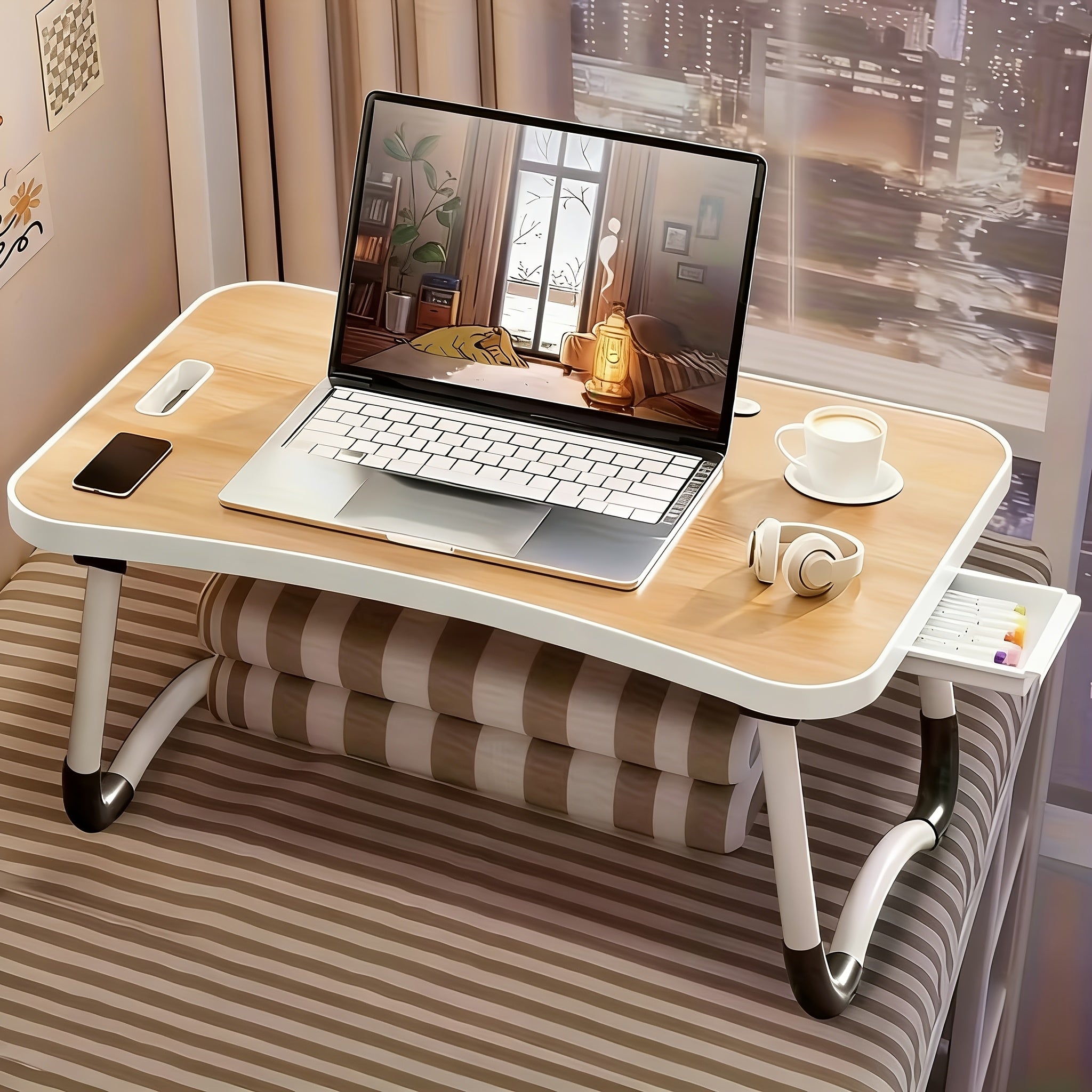 Foldable Laptop Bed Desk Tray with Cup Holder & Drawer, Large Portable Lap Desk Table Stand for Bed Sofa Couch Floor, for Laptop Study Reading Writing Eating – Adjustable Bed Tray for Adults Kids