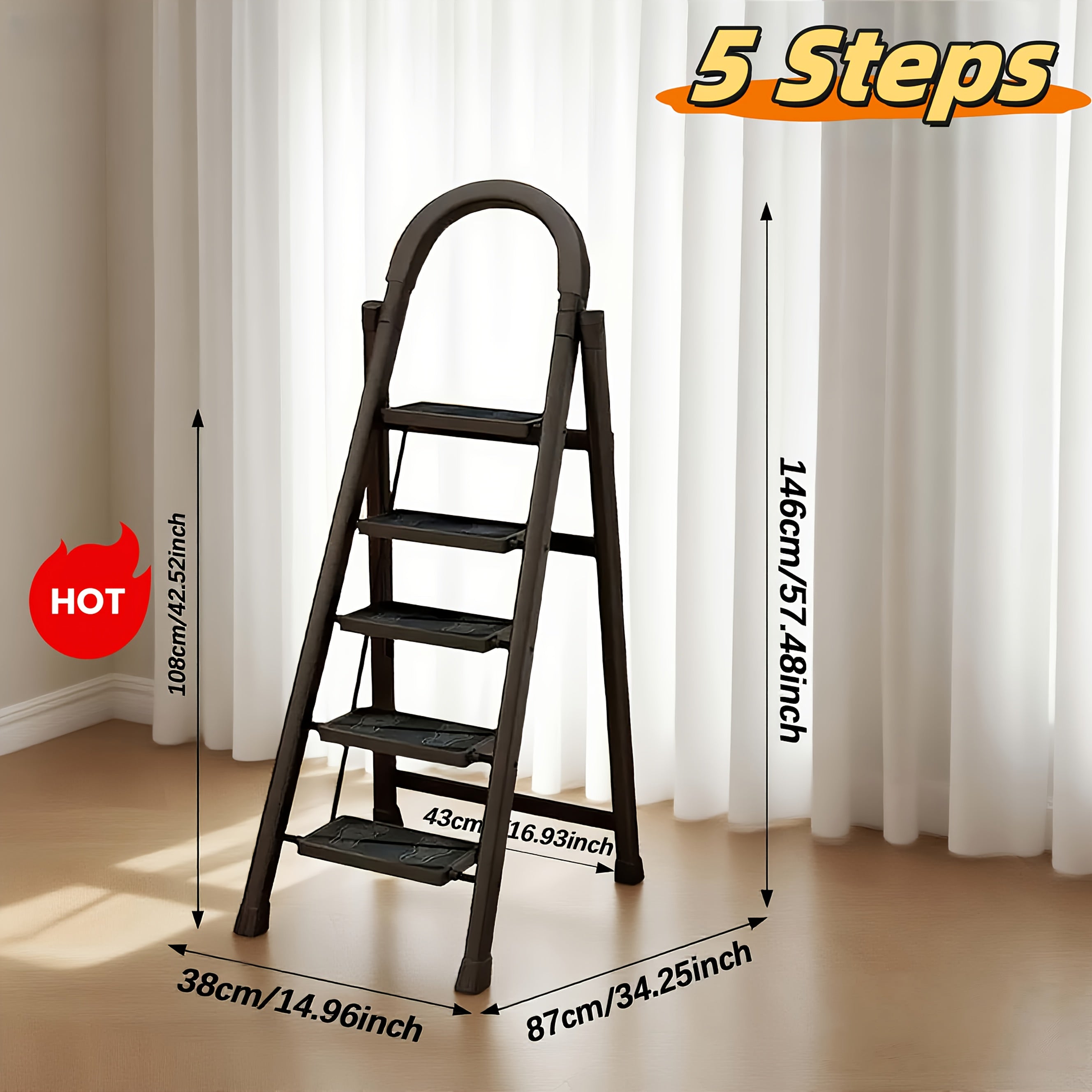 Heavy-Duty Foldable Step Ladder 3/4/5 Steps 450 lbs – Reinforced Steel with Tool Rack, Slip-Resistant Steps & Handrails, Portable for Home & Workplace, Black & Red Canada