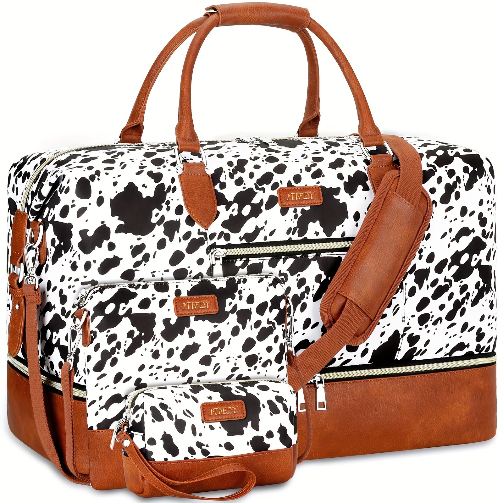 ITIEZY Women's 3pcs Cow Pattern Oxford Duffle Tote Bag with Shoe Compartment - Large Weekender Travel Bag Suitable for Overnight Trips, Airports, Trains & Buses - Stylish Carry-On Duffel