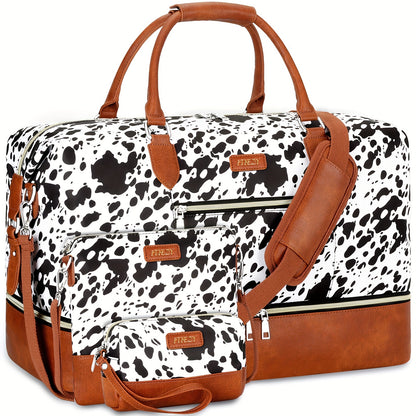 Women's Cow Pattern Duffle Bag Set 3-Piece Oxford Weekender Tote with Shoe Compartment – Large Carry-On Travel Bag for Overnight Trips, Airport & Weekend Getaways | ShopVora CA