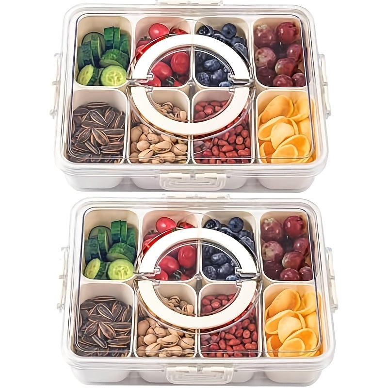 1/2 Pack 8-Compartment Snackle Box with Lid & Handle, Clear Divided Serving Tray and Portable Snack Container for Fruit, Veggies, Cheese,, & Charcuterie, Ideal for Travel, Picnic, Camping & Parties