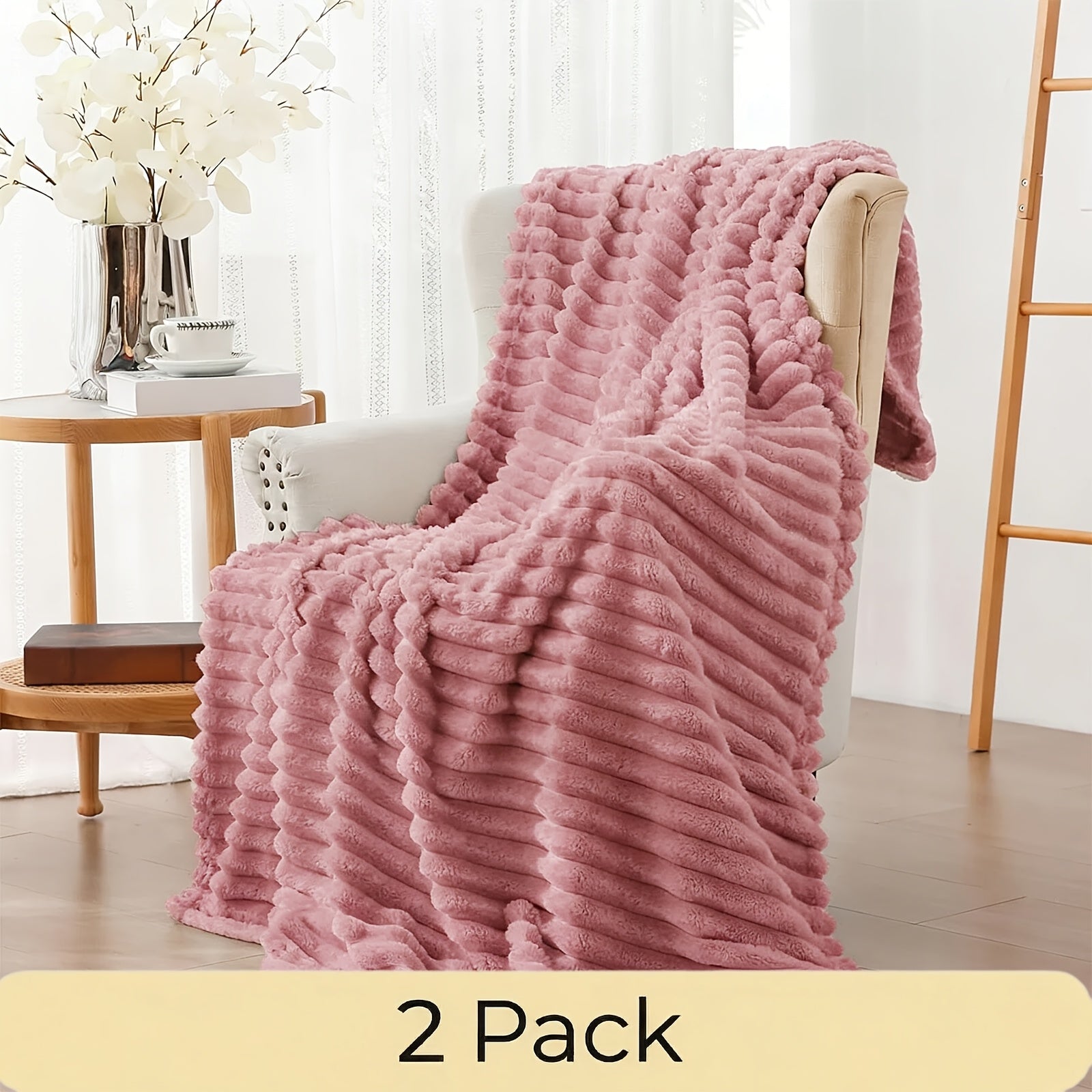 Faux Fur Rabbit Blanket Set of 2 – 260GSM Striped Luxury Plush Throw, OEKO-TEX Certified, Machine Washable, Cozy Sofa & Bed Blanket for Women & Men, Multiple Colours