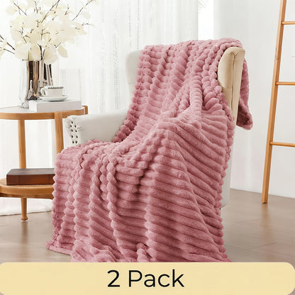 Faux Fur Rabbit Blanket Set of 2 – 260GSM Striped Luxury Plush Throw, OEKO-TEX Certified, Machine Washable, Cozy Sofa & Bed Blanket for Women & Men, Multiple Colours