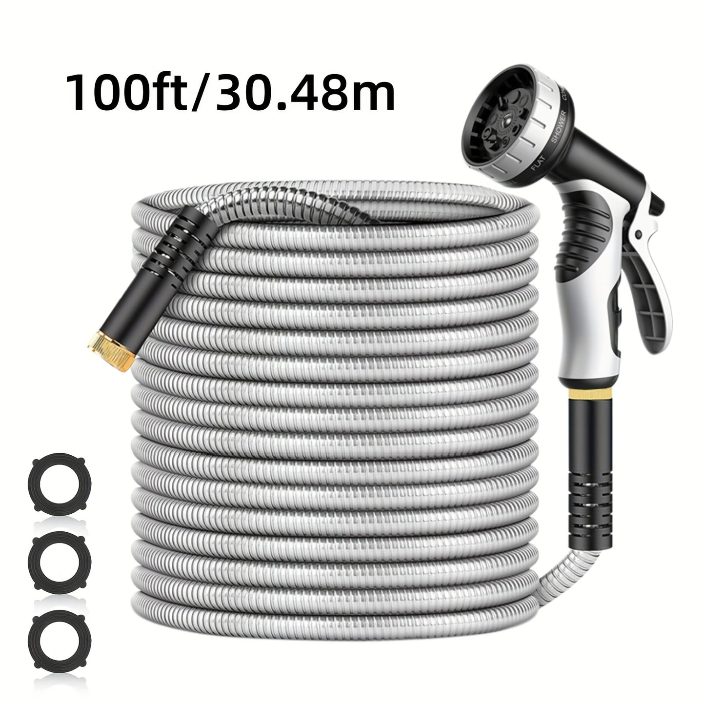Stainless Steel Garden Hose with 10-Function Nozzle – Heavy-Duty Puncture-Proof No-Kink Flexible Metal Hose for Yard, Lawn, Car Wash & Pet Cleaning, 25ft / 50ft / 100ft
