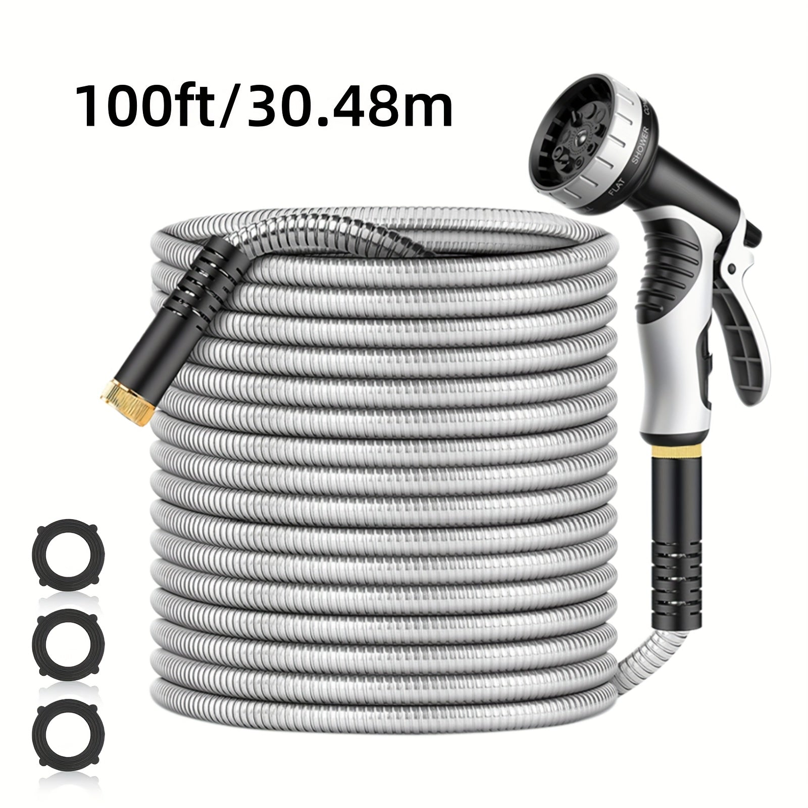 Stainless Steel Garden Hose with 10-Function Nozzle – Heavy-Duty Puncture-Proof No-Kink Flexible Metal Hose for Yard, Lawn, Car Wash & Pet Cleaning, 25ft / 50ft / 100ft