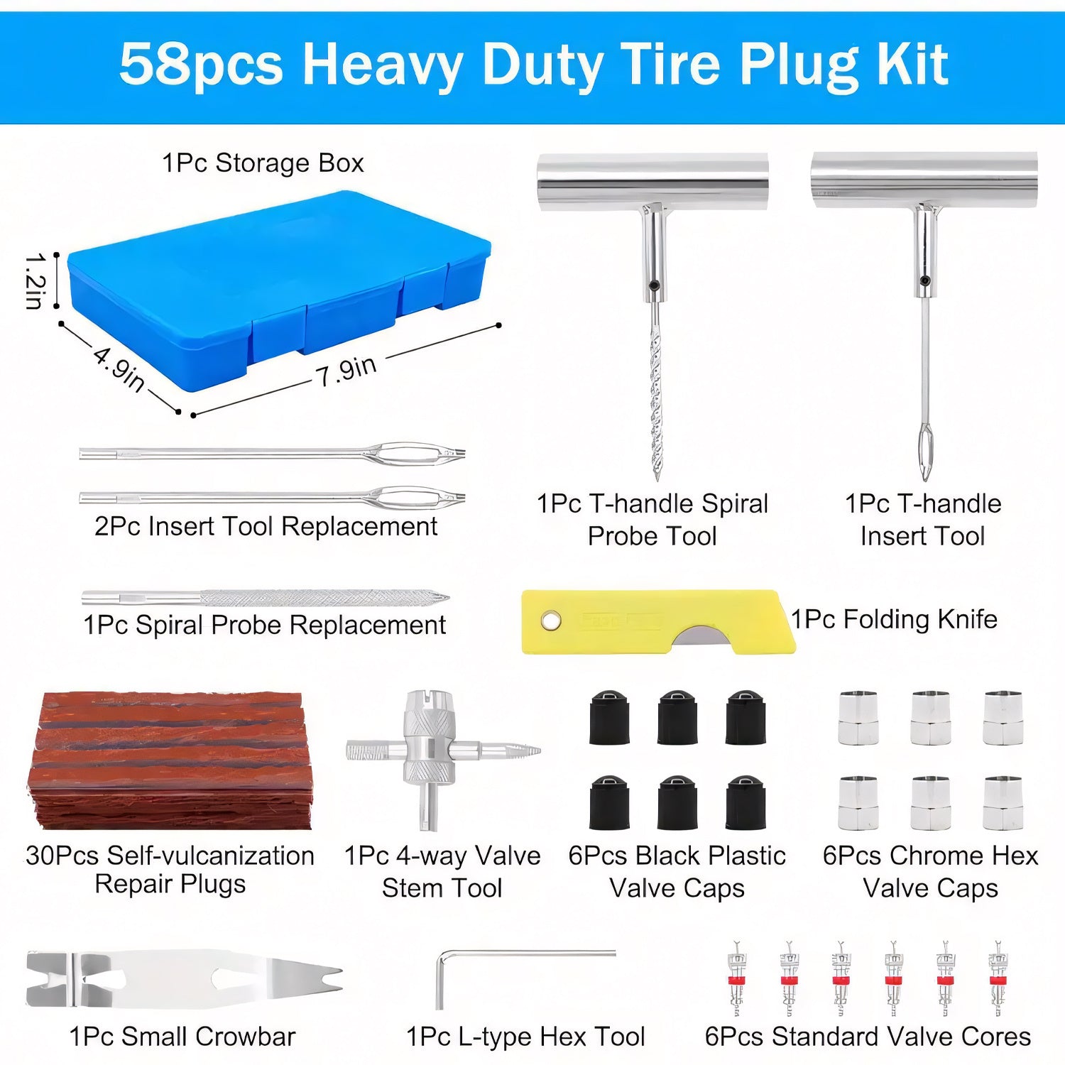 Tire Repair Tool Set Kit, Heavy duty Puncture Plug and Patch Tools Set with Reamer, Insertion Tools, Tire Plugs and Accessories for Car, Motorcycle, Truck, ATV, Tractor, RV, SUV, UTV and Trailer Flat