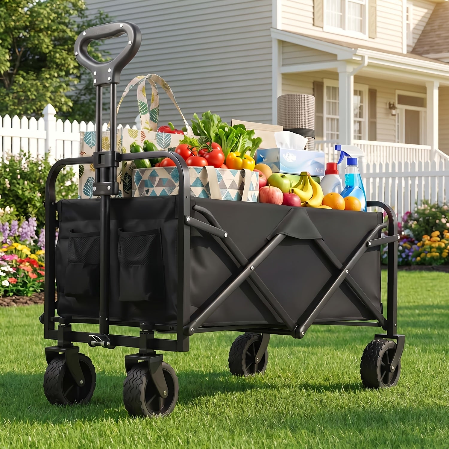 Folding Wagon Cart, Collapsible Garden Wagon with All-Terrain Wheels, Heavy Duty Folding Utility Cart, Multifunctional Collapsible Wagon for Camping Beach Gardening